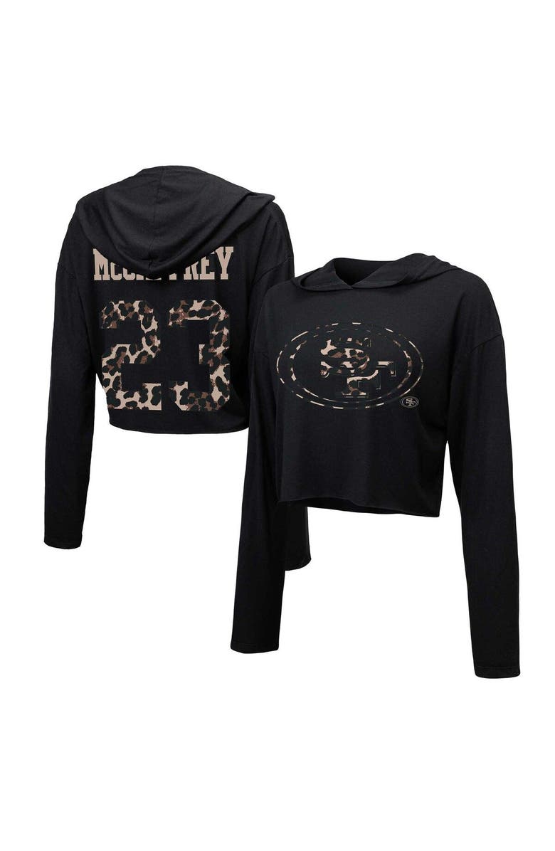 Majestic Threads Women's Majestic Threads Christian McCaffrey Black San Francisco 49ers Leopard Player Name & Number Long Sleeve Cropped Hoodie, Main, color, Black
