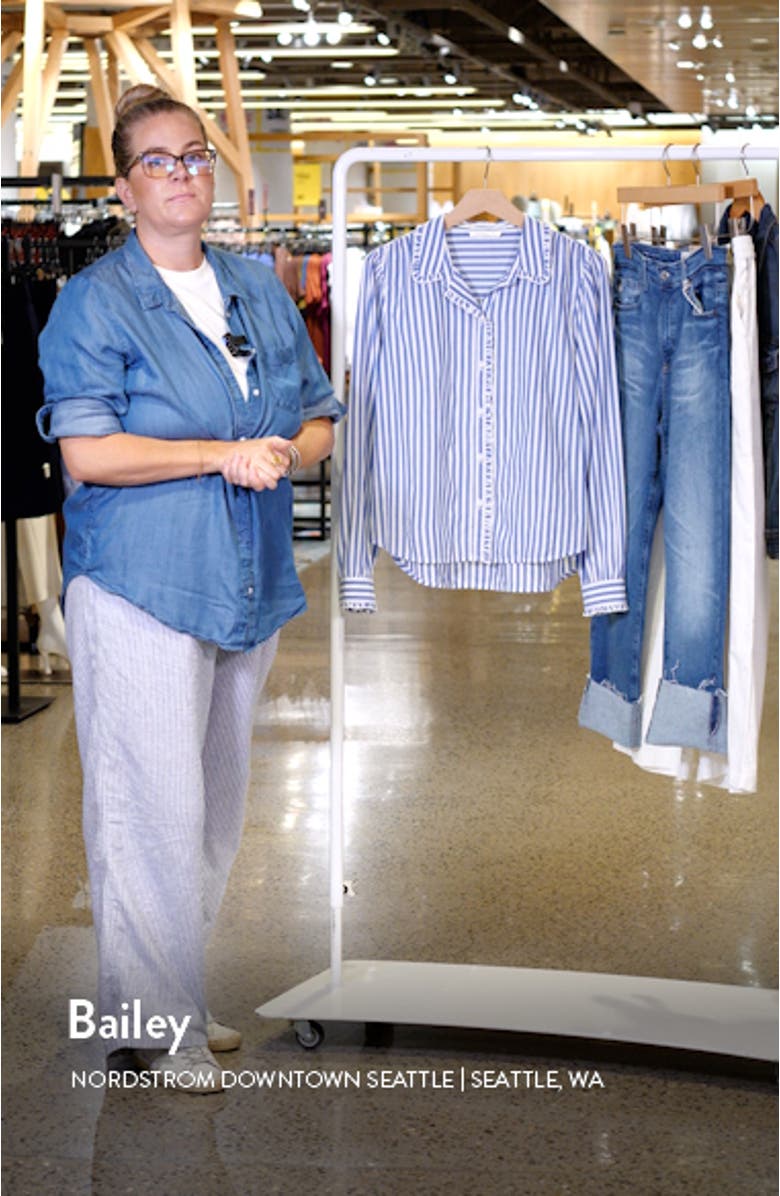 Ciara Stripe Ruffle Trim Button-Up Shirt, sales video thumbnail