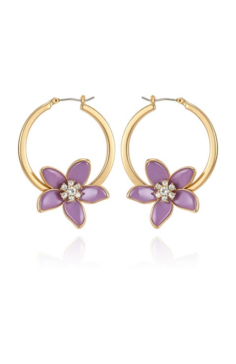 Gold-Tone Crystal Hoop Earrings with Pink Charms