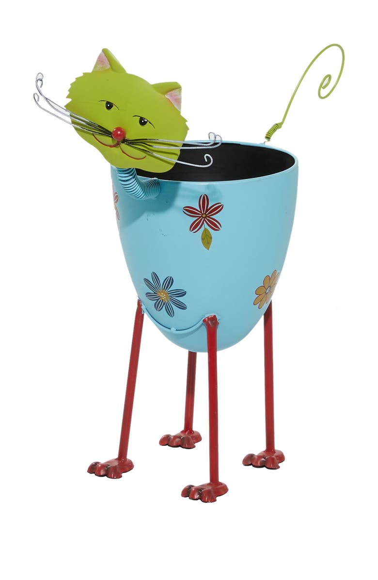 WILLOW ROW Blue Metal Indoor & Outdoor Cat Planter with Flower Pattern, Main, color, Multi