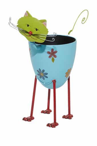 WILLOW ROW Blue Metal Indoor & Outdoor Cat Planter with Flower Pattern