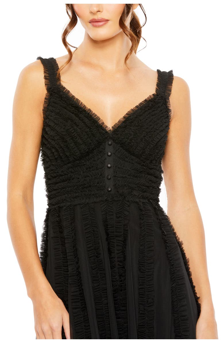 Mac Duggal Tulle V-Neck Dress with Cascading Ruffles and Sleek Silhouette, Alternate, color, Black