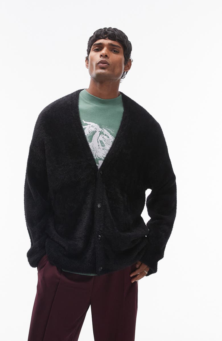 Topman Fluffy Cardigan, Main, color, Black