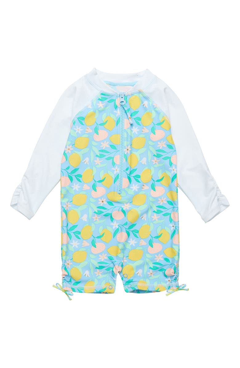 Snapper Rock Lemon Drops Long Sleeve Sun Romper, Main, color, Blue Yellow Multi
