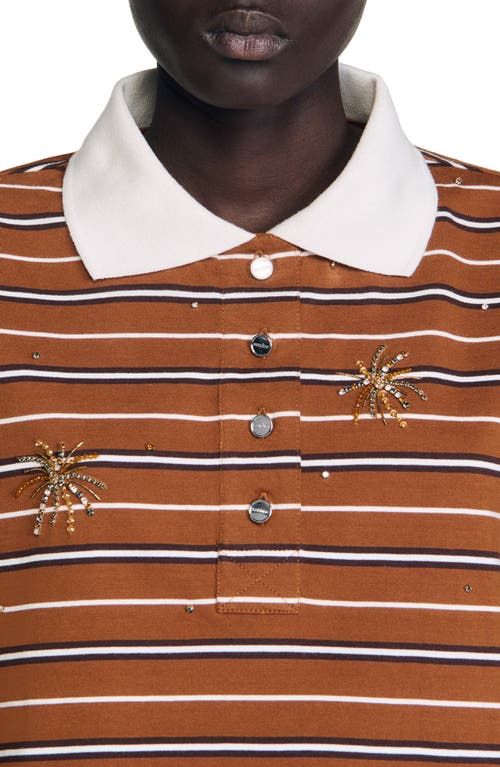 Sandro Womens Brown Striped Polo-collar Cotton-jersey T-shirt In Brown