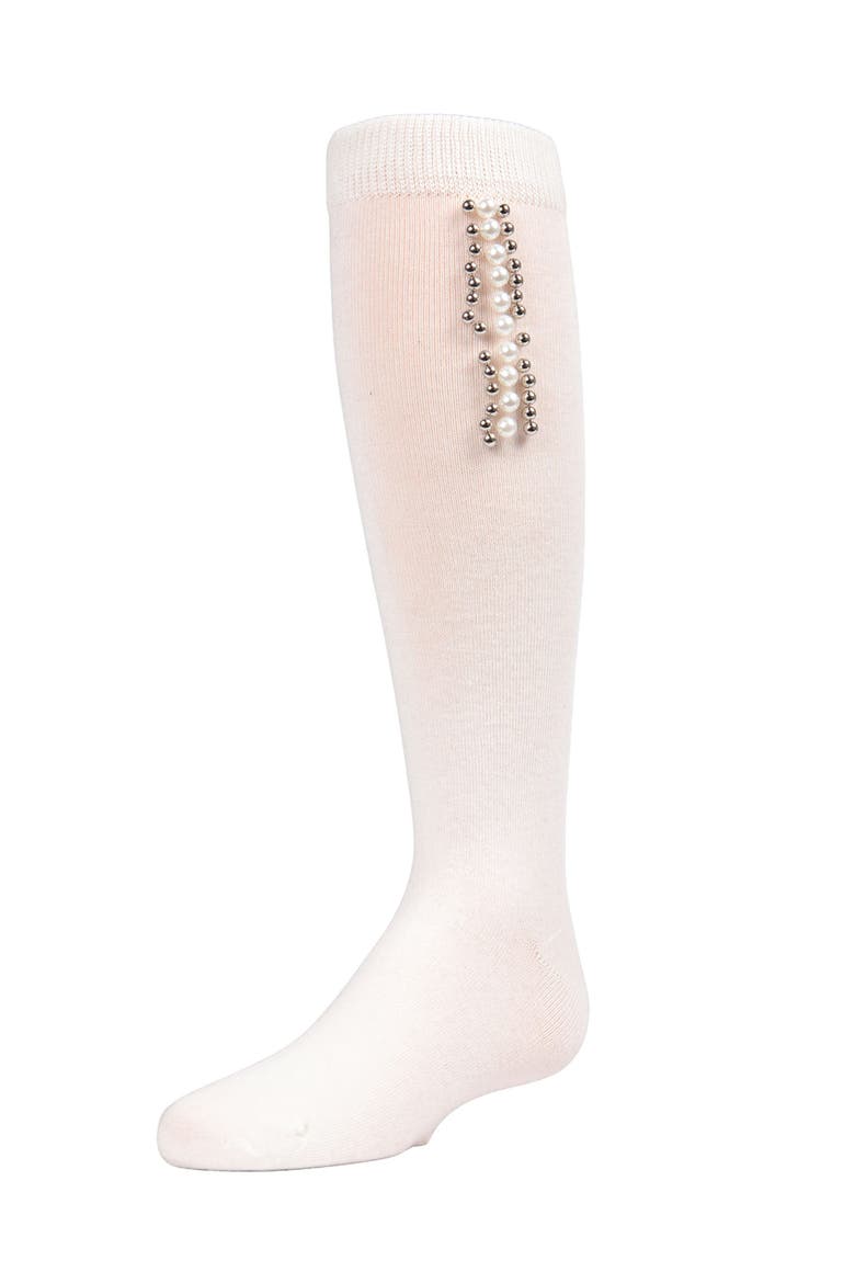 Pearls and Stripes Jeweled Knee High Socks, Main, color, Winter White