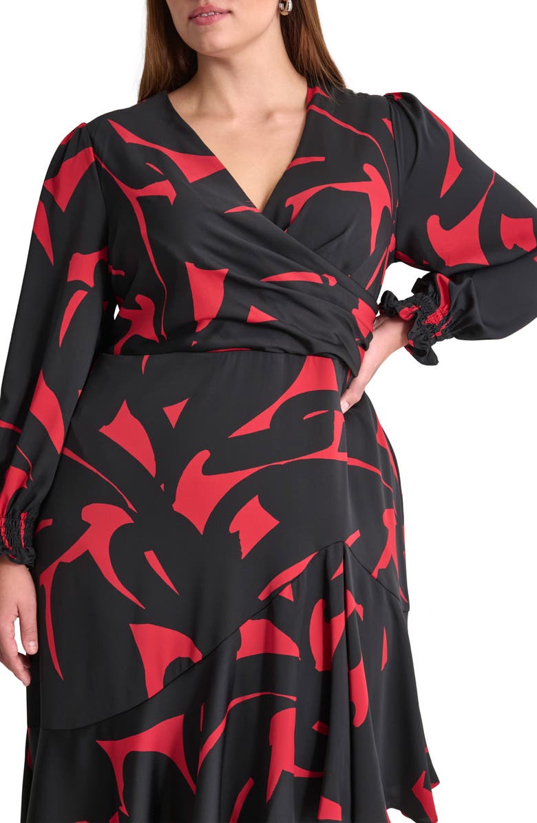 DKNY Long Sleeve Surplice Neck Dress, Alternate, color, Black/ Scarlet