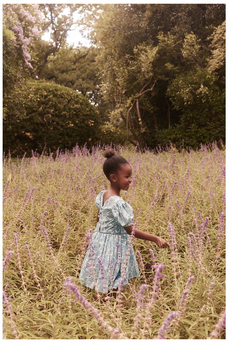 Kids' Floral Tiered Puff Sleeve Cutout Cotton Dress, Alternate, color, IVORY BLUE