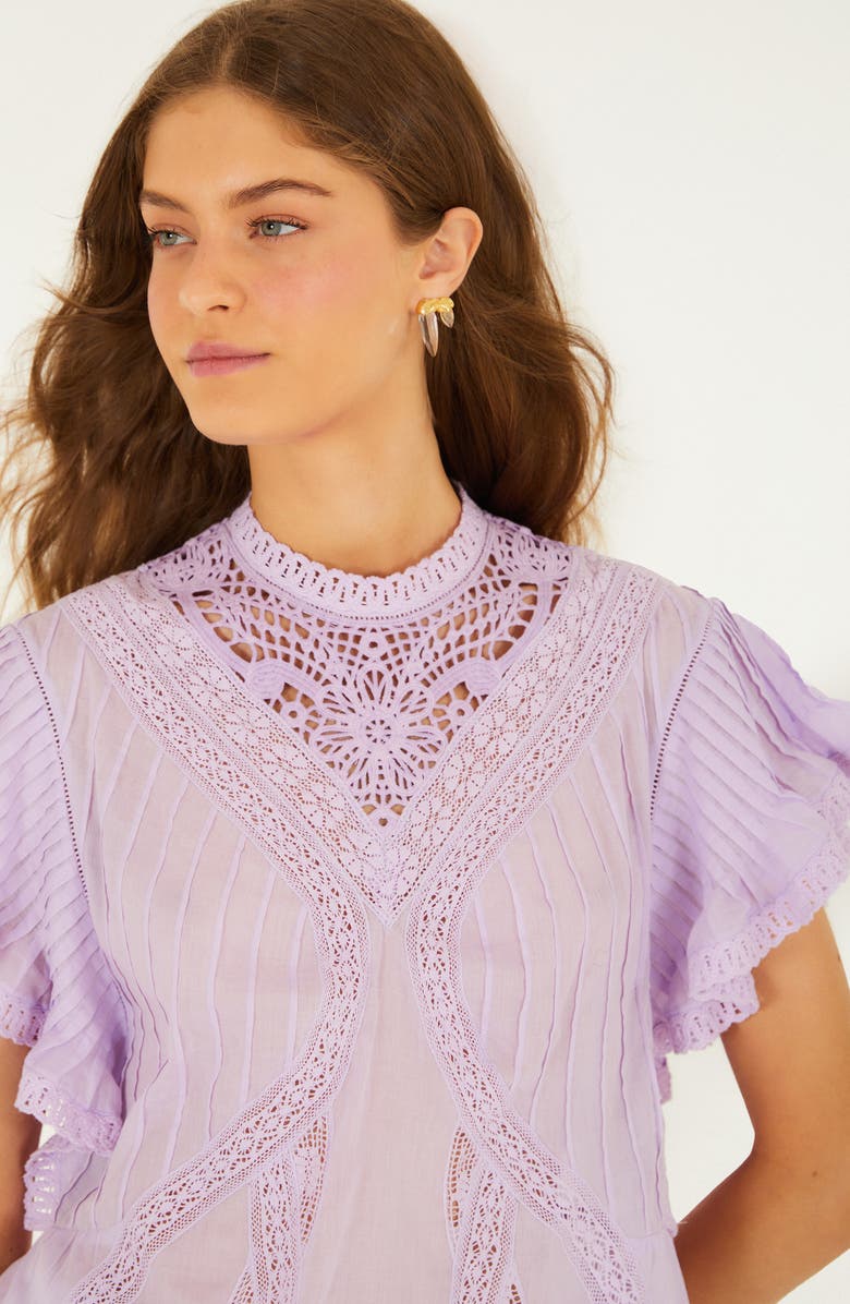 FARM Rio Lace Ruffle Sleeve Organic Cotton Top, Alternate, color, Lilac
