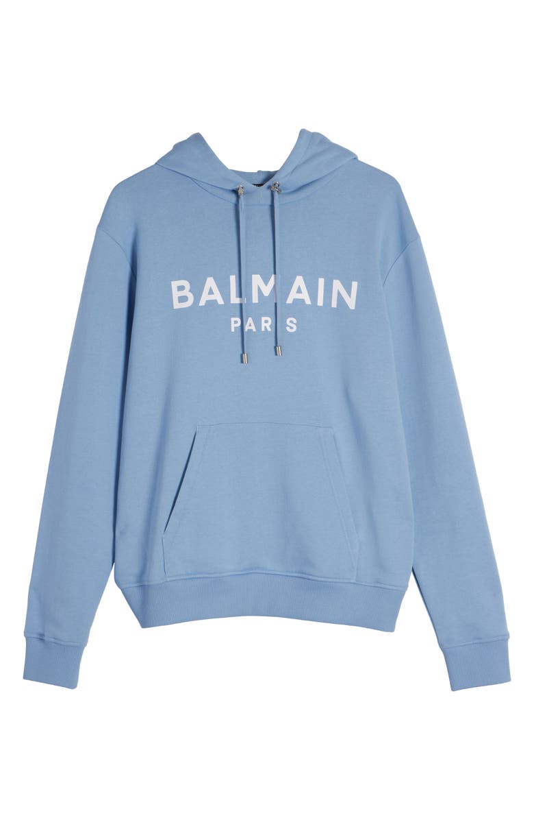 Balmain Organic Cotton Logo Graphic Hoodie, Alternate, color, Slj Pale Blue/ White