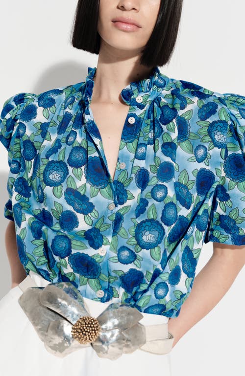 De Loreta Tapir Ruffle Short Sleeve Button-up Cotton Shirt In Blue