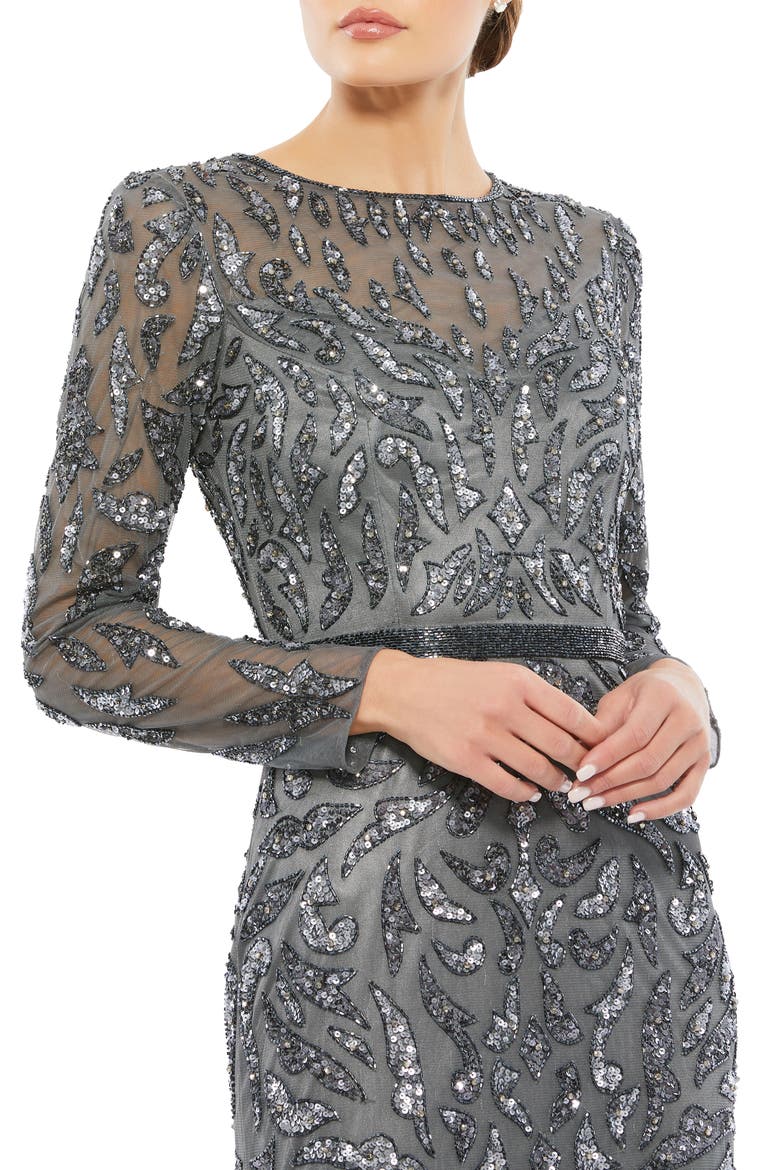 Abstract Beaded Long Sleeve Evening Gown, Alternate, color, CHARCOAL