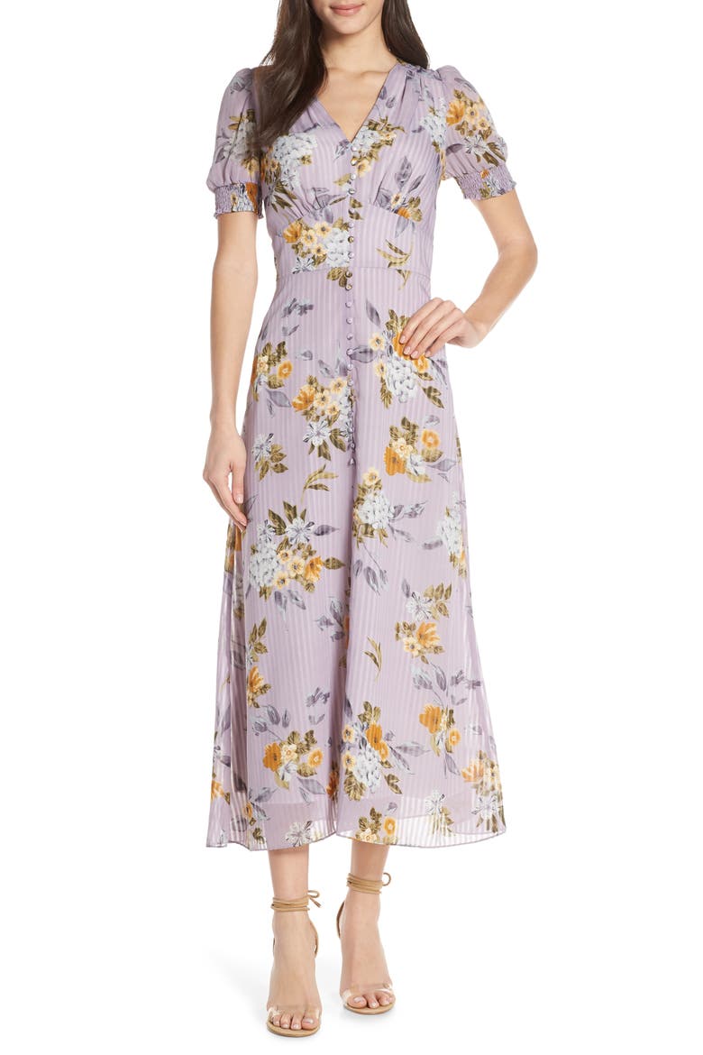 V-Neck Floral Midi Dress, Main, color, LILAC FLORAL