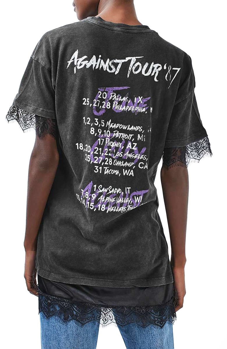 Topshop Lace Hem Graphic Tee, Alternate, color, 