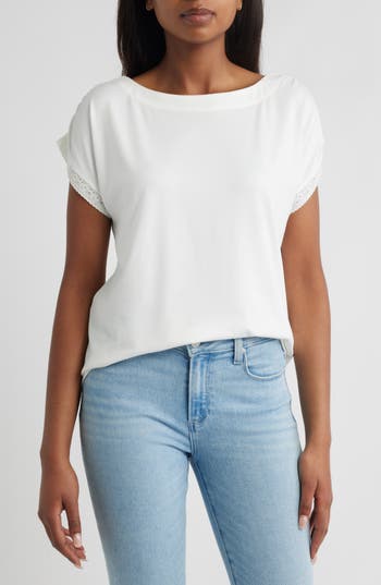 Bobeau Embroidered Eyelet Trim Short Sleeve Top In White