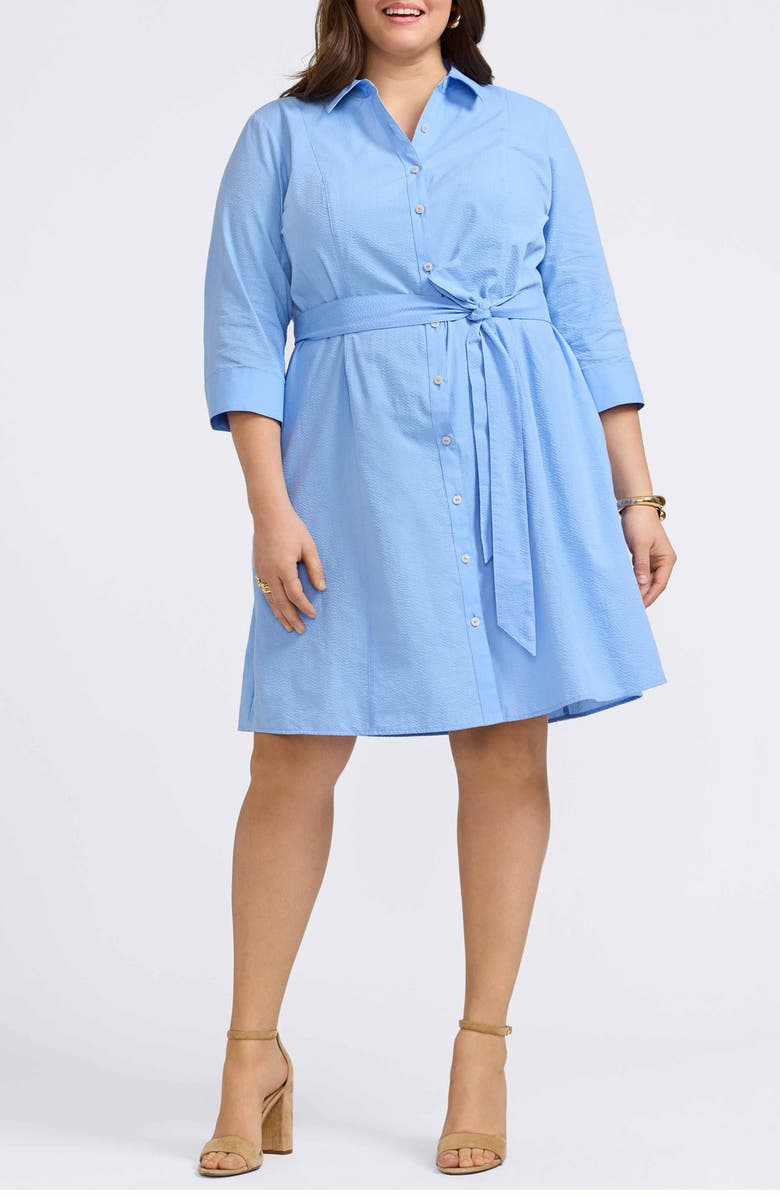 Foxcroft Fiona Seersucker Belted Shirtdress, Main, color, Lake Blue