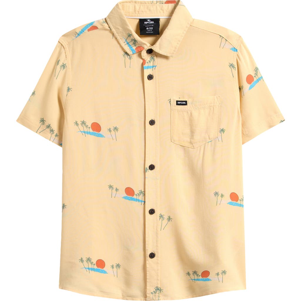 Rip Curl Kids' Print Short Sleeve Button-up Shirt In Nude