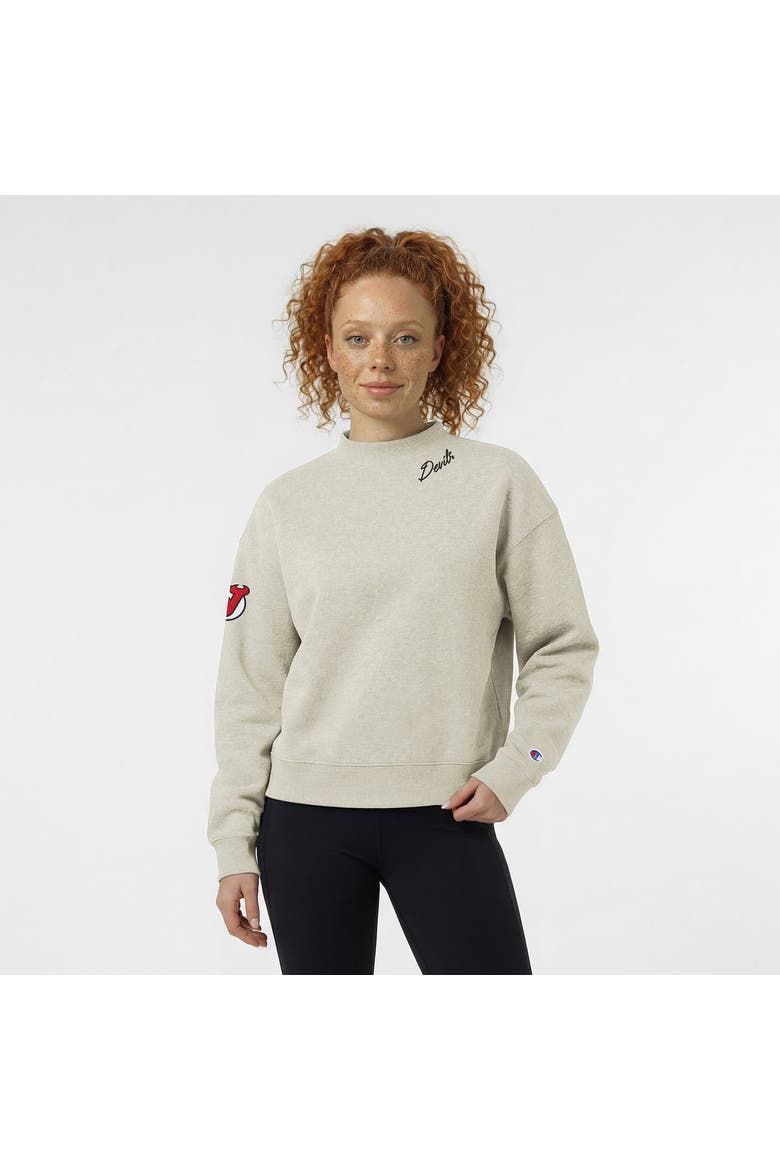 Women's Champion  Oatmeal New Jersey Devils Collar Script Triumph Fleece Crewneck Sweatshirt, Main, color, Oatmeal
