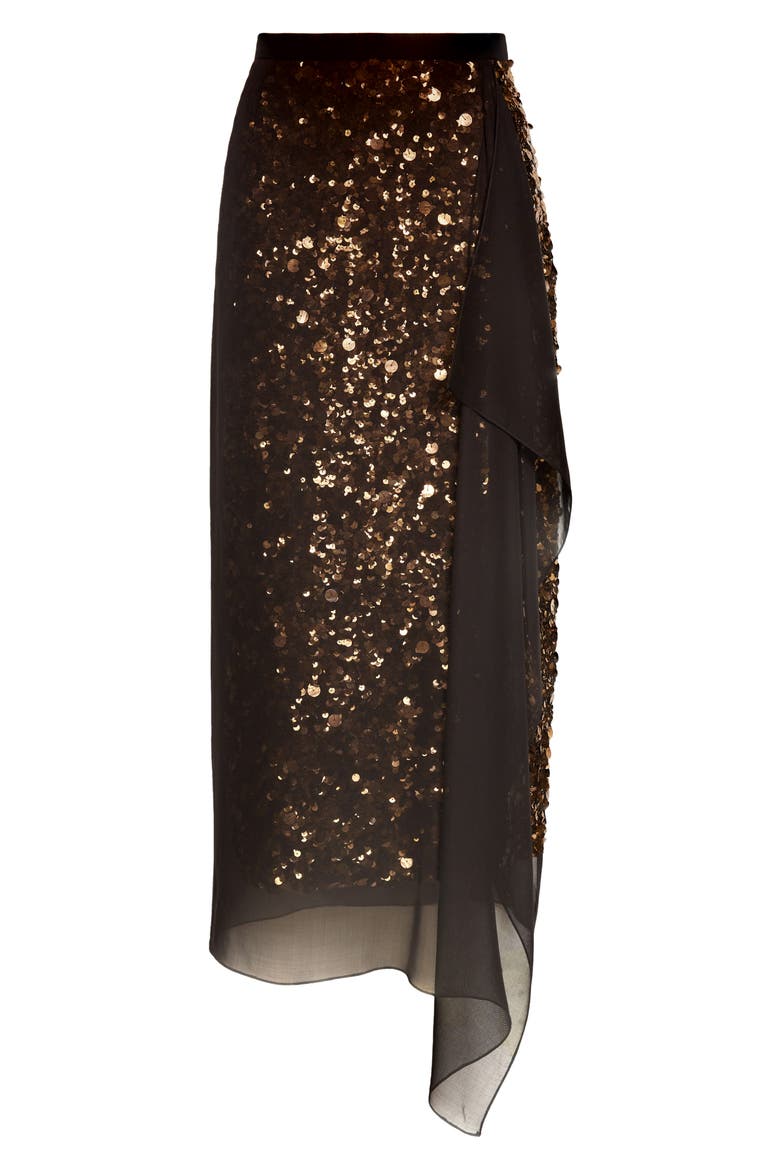Sequin Embellished & Silk Georgette Veiled Wool Crepe Skirt, Alternate, color, BLACK 001