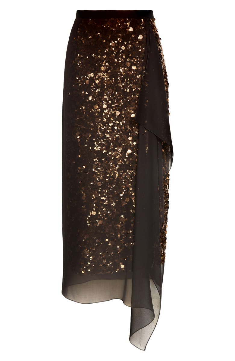 Michael Kors Collection Sequin Embellished & Silk Georgette Veiled Wool Crepe Skirt, Alternate, color, Black 001