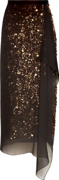 Michael Kors Collection Sequin Embellished & Silk Georgette Veiled Wool Crepe Skirt