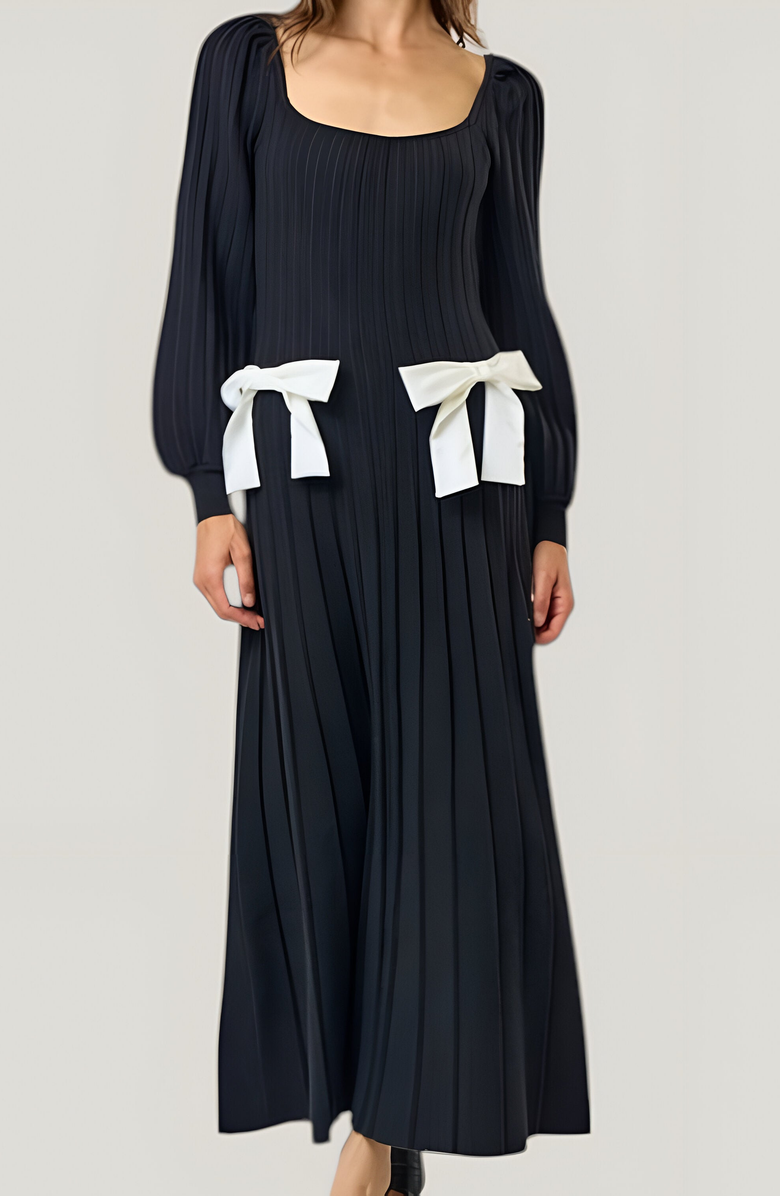 Modenaire Front Bow Detail Square Neck Puff Sleeve Maxi Sweater Dress, Alternate, color, Black