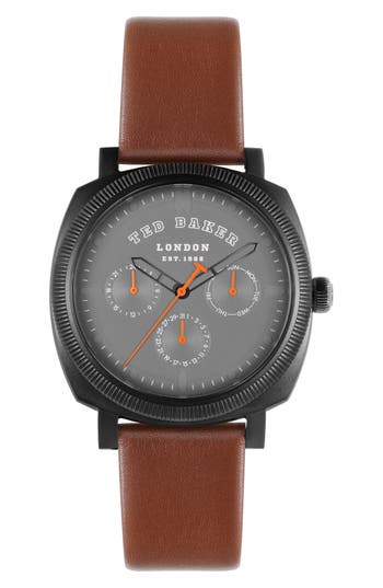 Ted Baker Caine Multifunction Leather Strap Watch, 42mm In Brown