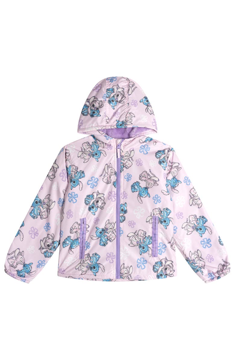 Disney Lilo & Stitch Girls' Fleece Lined Hooded Rain Jacket, Main, color, Pink Stitch And Angel