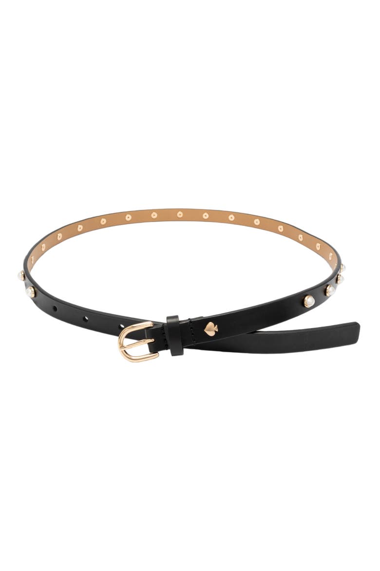 Faux Pearl Halo Stud Leather Belt, Main, color, BLACK