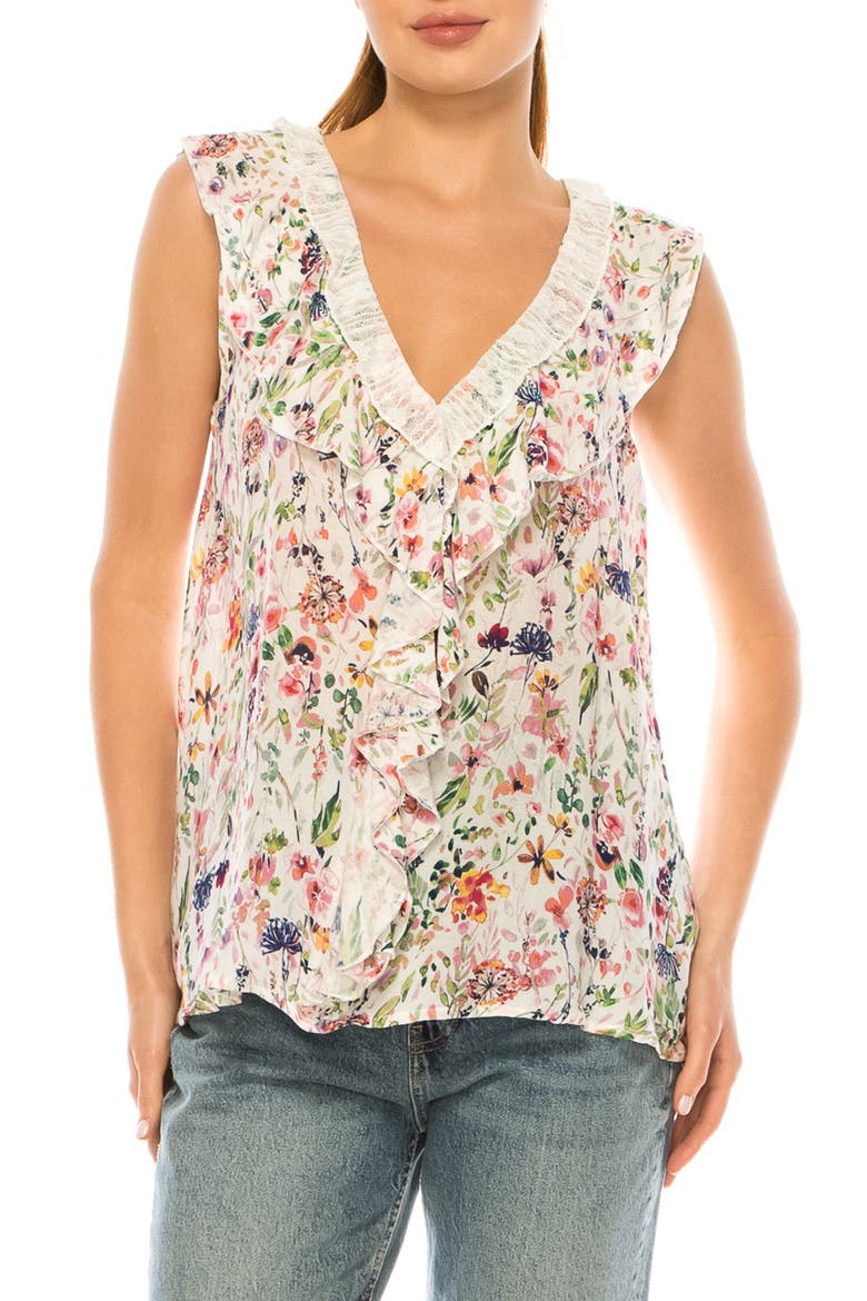 Floral Print Ruffle Top, Main, color, BRIGHT WHITE