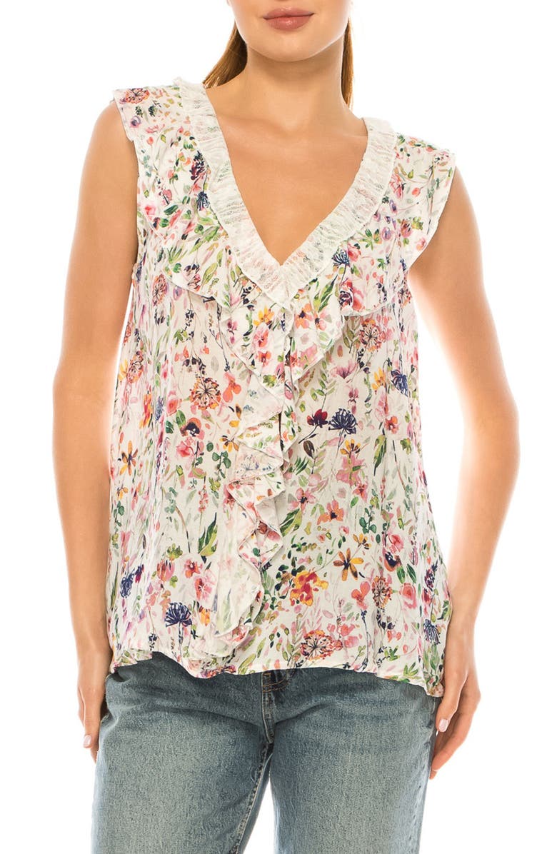 A COLLECTIVE STORY Floral Print Ruffle Top, Main, color, Bright White