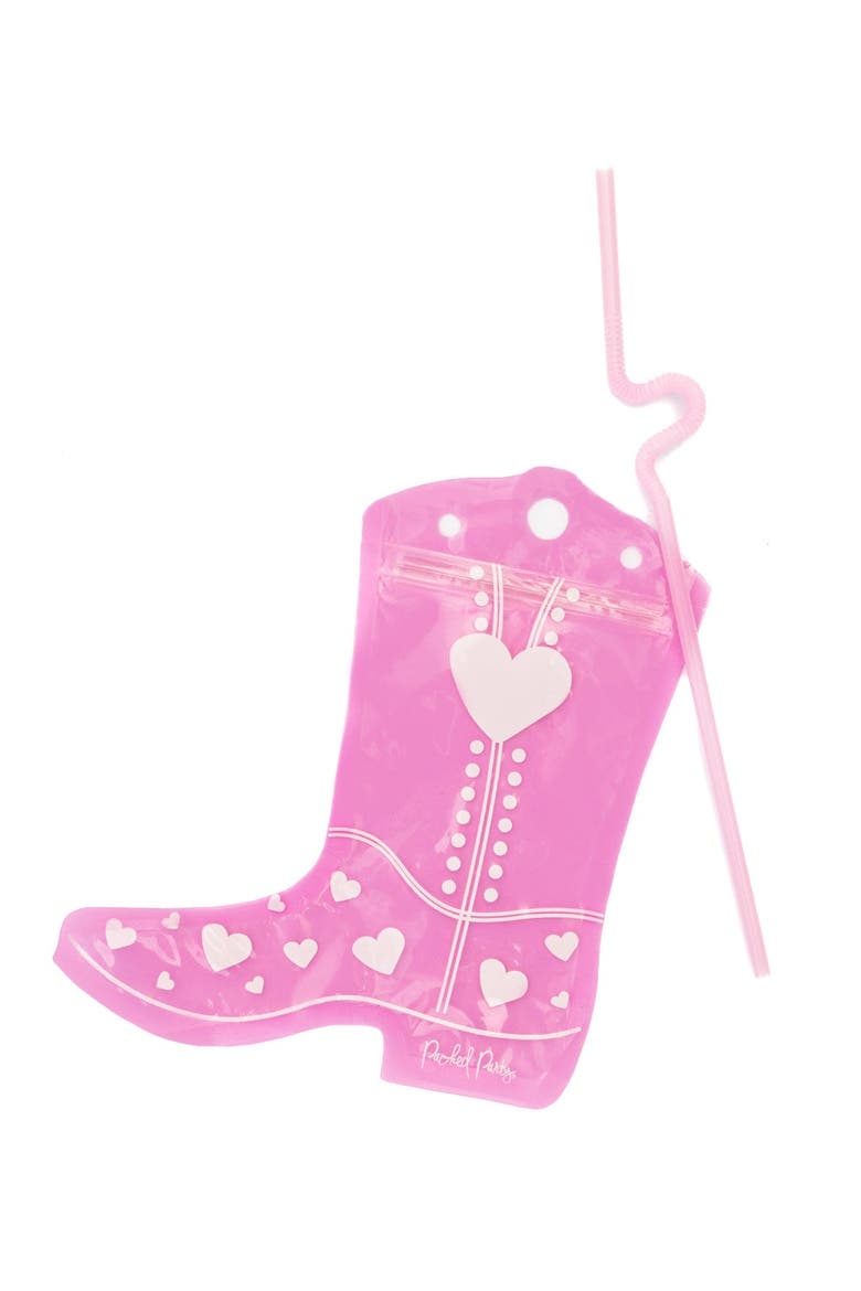 Valentine Cowboy Boot Drink Pouches Set of 10 - Heart-Studded Boot-Shaped Reusable Drink Bags with Bendy Straws, 8 oz BPA-Free, 8x7 Inch, Alternate, color, Multicolor