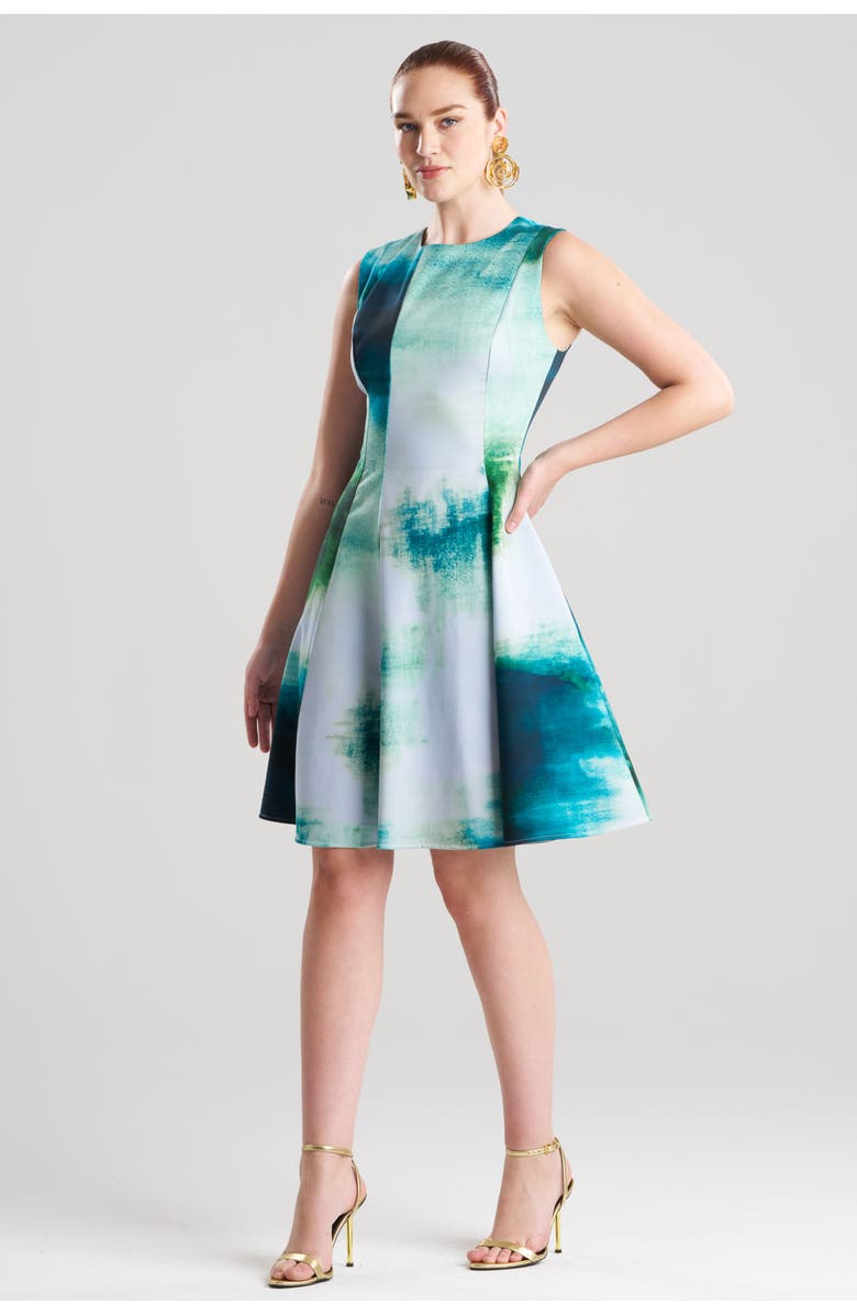 Natori Hisui Cotton Chino Fit n' Flare Dress, Main, color, Teal W/Blue