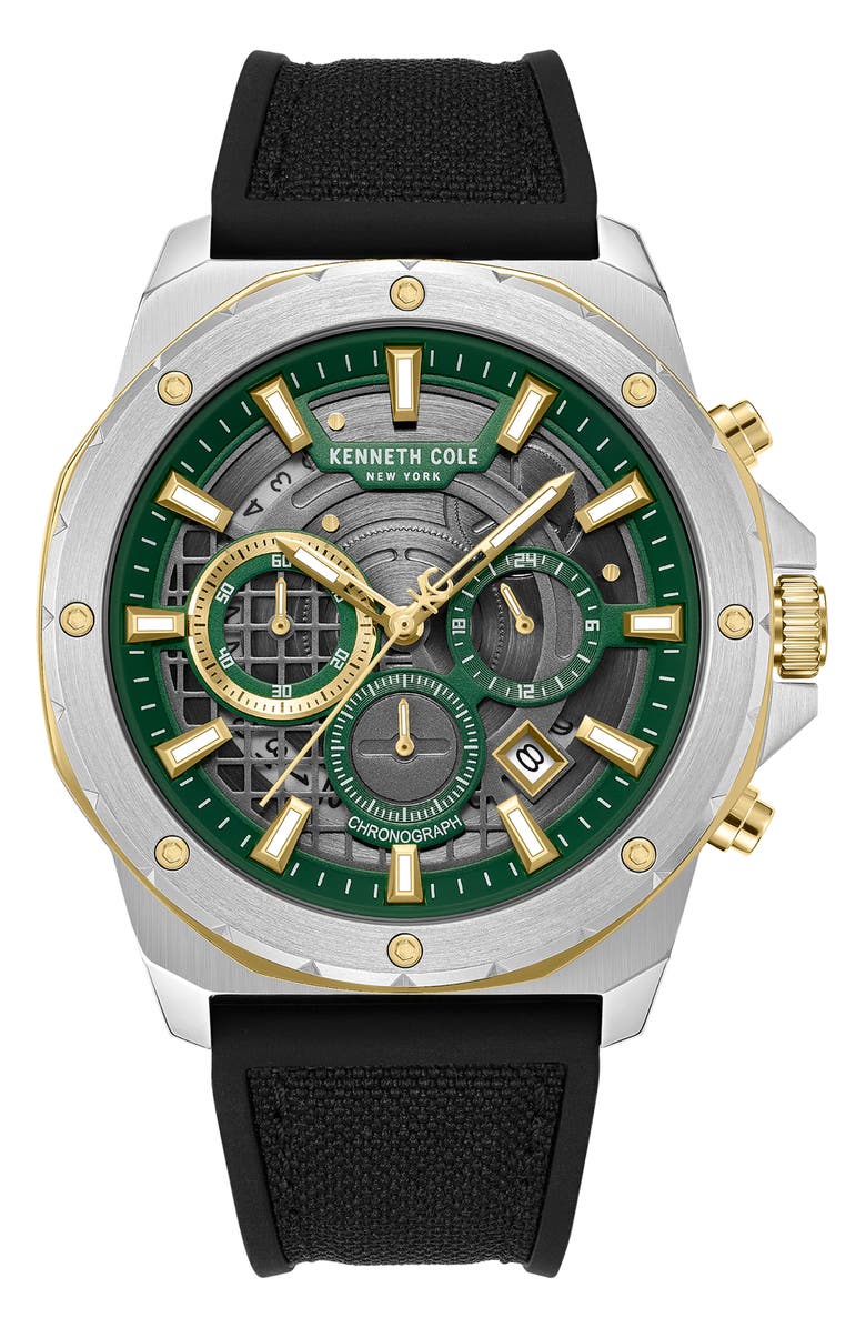 Kenneth Cole New York The Hollis Chronograph Mixed Media Strap Watch, 45mm, Main, color, Black