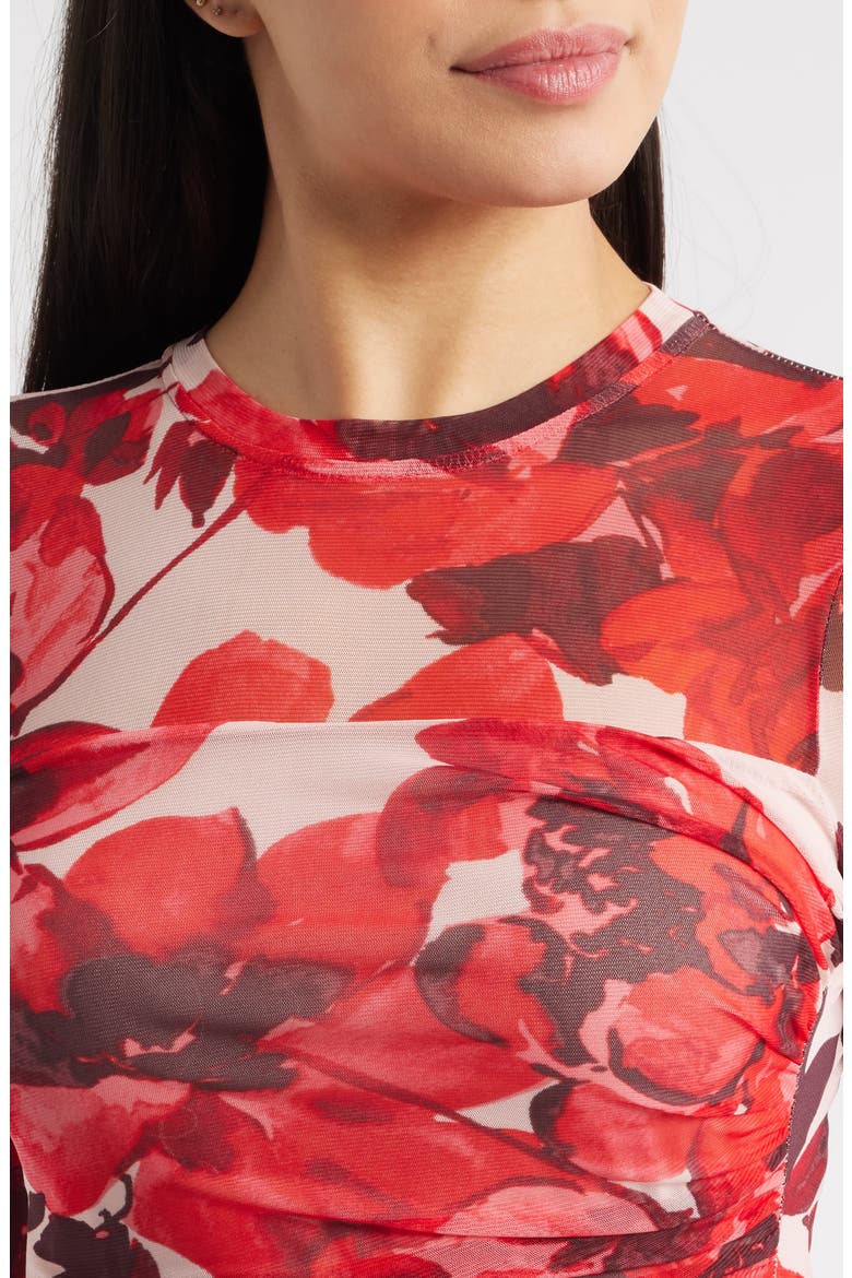 Side Ruched Long Sleeve Midi Dress, Alternate, color, ROSE MIST MULTI