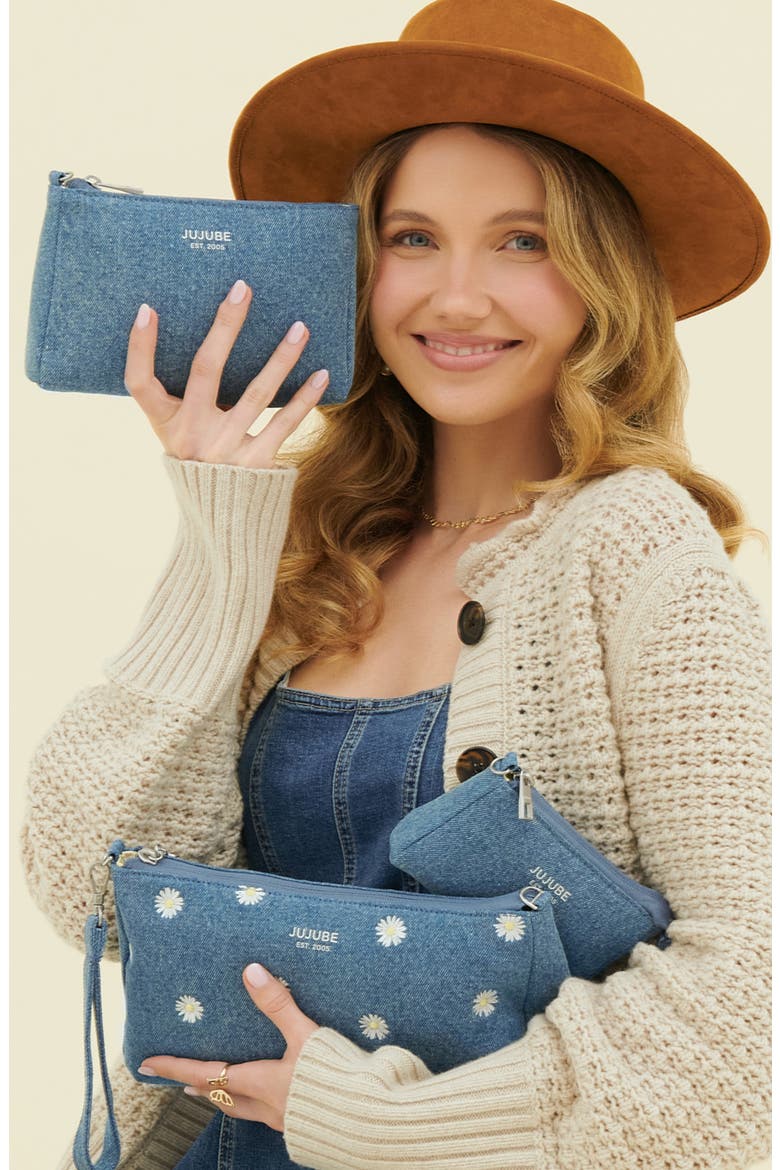 x Sazan Set of 3 Cotton Canvas Pouches, Alternate, color, DENIM DAISIES