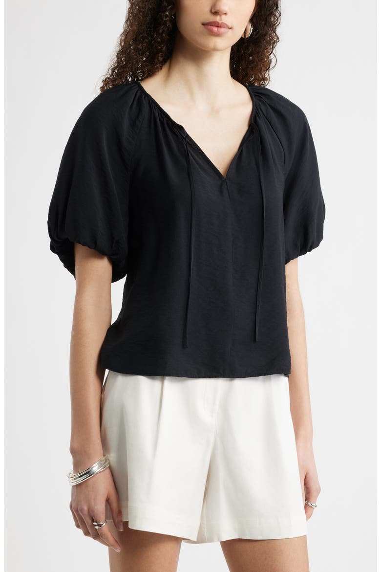 Puff Sleeve V-Neck Shirt, Main, color, BLACK