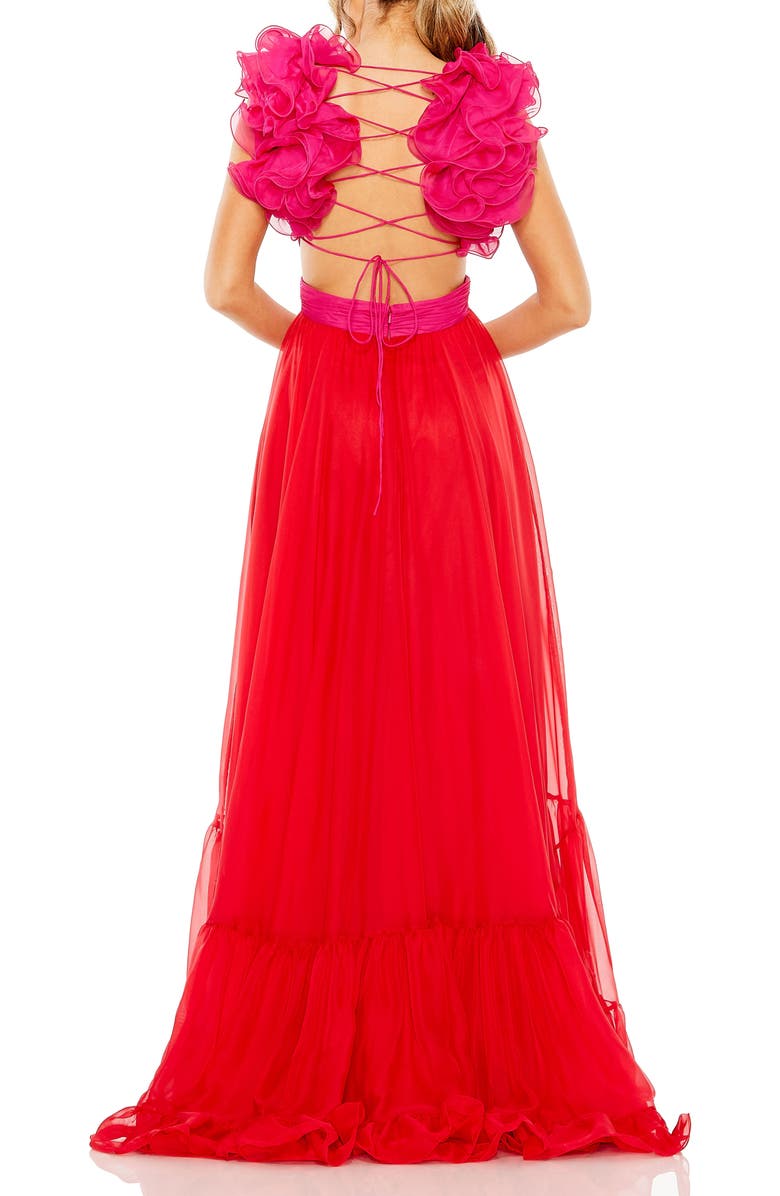 Mac Duggal Ruffle Tiered Color Block Cut Out Lace Up Chiffon Gown, Alternate, color, Red Pink