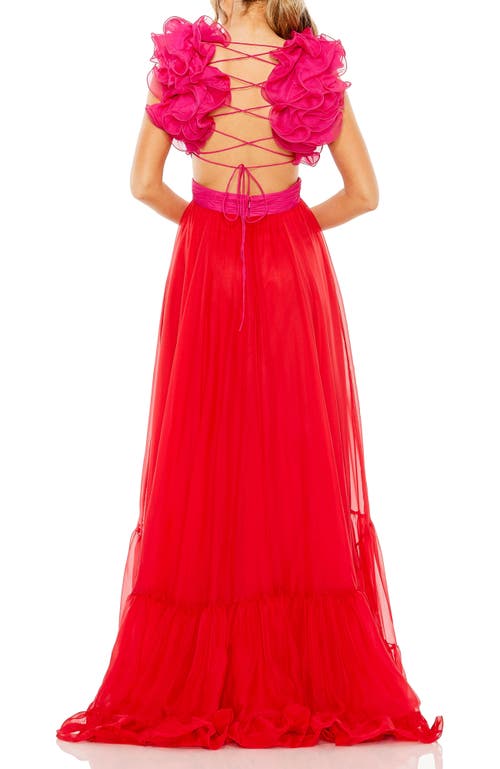 Mac Duggal Ruffle Detail Open Back Tiered Gown In Red Pink