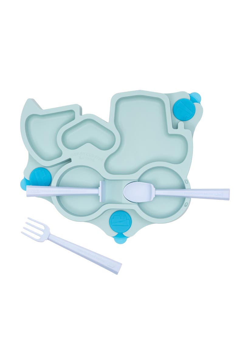 Truck Theme Divided Suction Training Plate and Utensils for Kids and Toddlers, Main, color, Teal