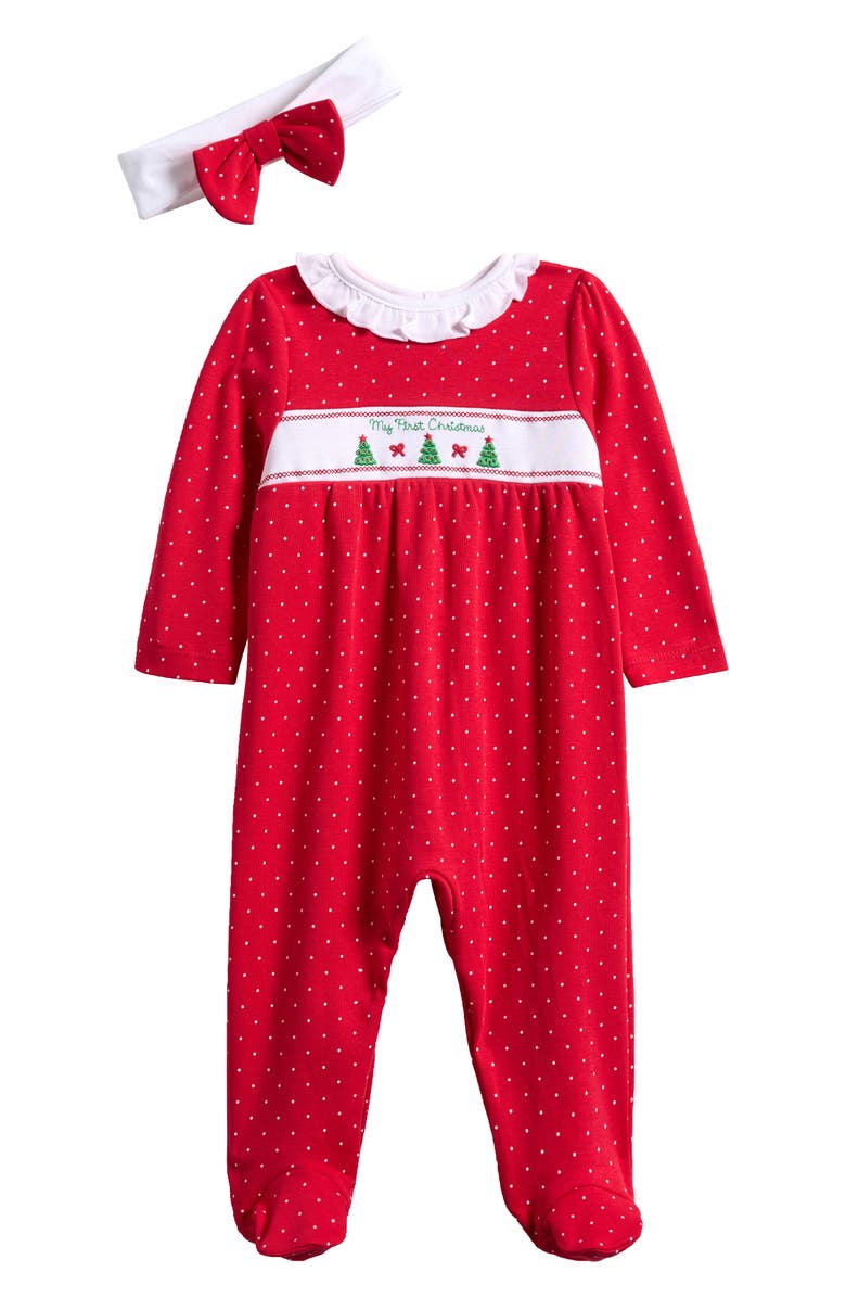 Little Me Dainty Trees Cotton Footie & Headband Set, Main, color, Red
