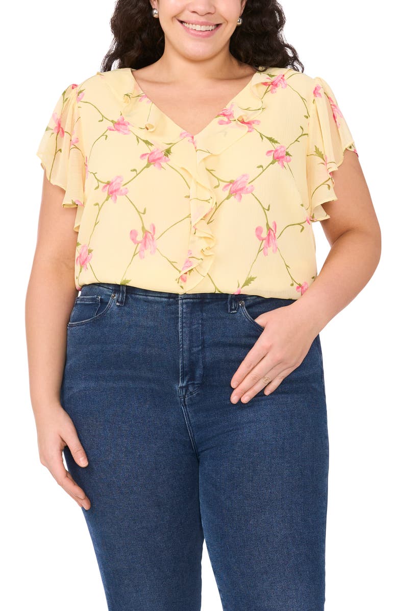 CeCe Floral Print Ruffle Top, Main, color, Lemon Drop