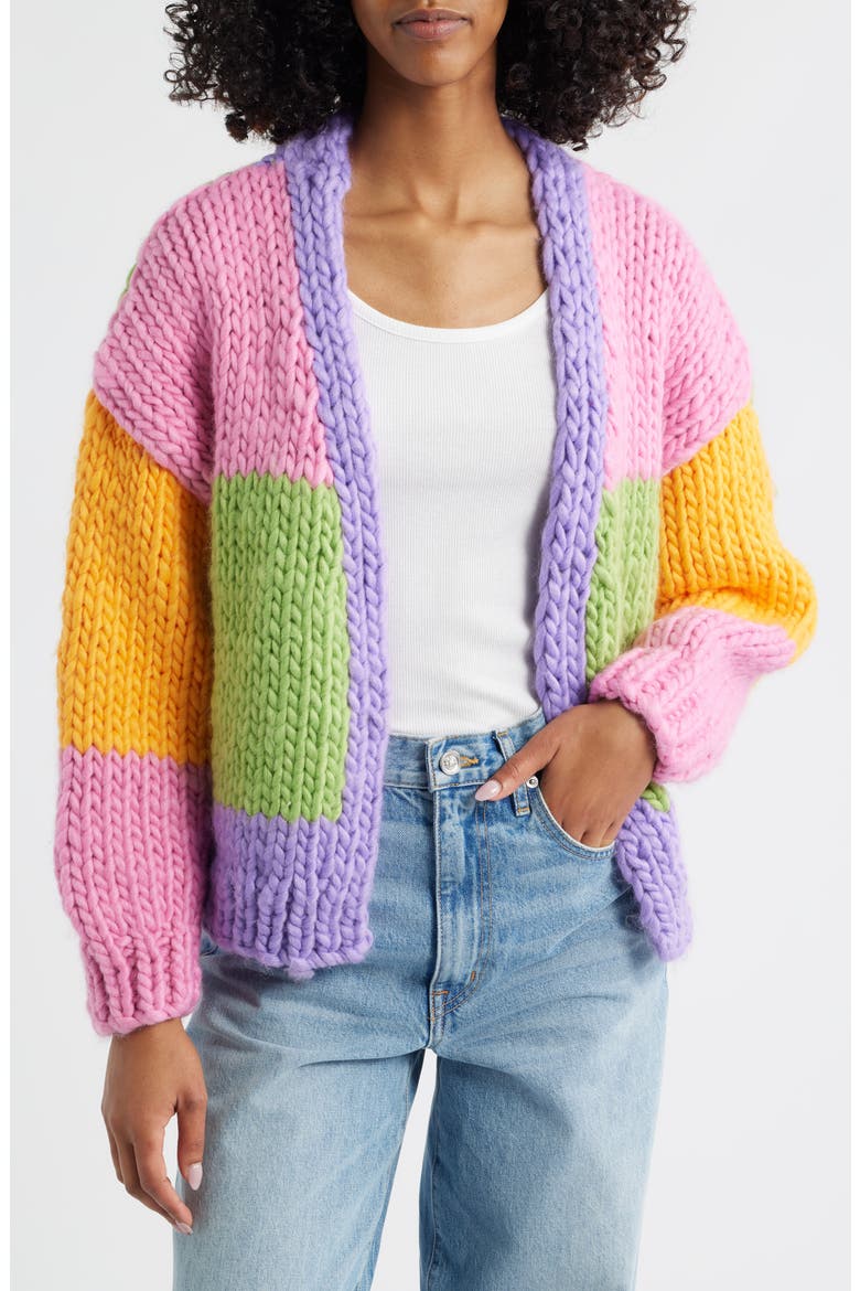 Colorblock Chunky Cardigan, Main, color, GREEN