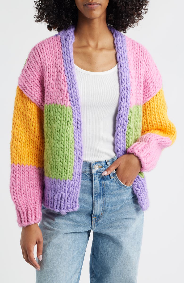 Roffe Accessories Colorblock Chunky Cardigan, Main, color, Green