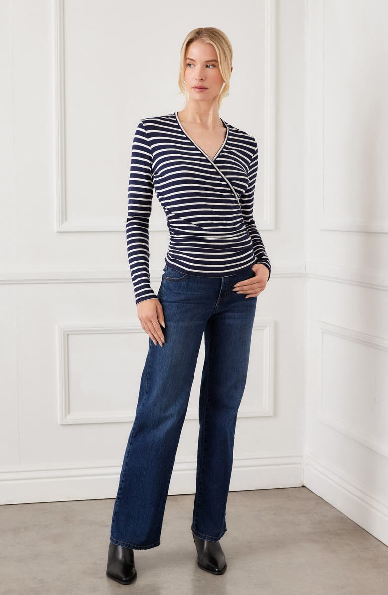 Karen Kane Stripe Crossover Ruched Top, Alternate, color, Stripe