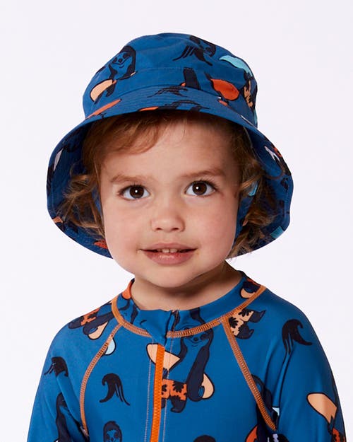 Deux Par Deux Little Boy's Printed Beach Hat Orange Sloths On Navy Blue In Orange Sloths On Navy Blue