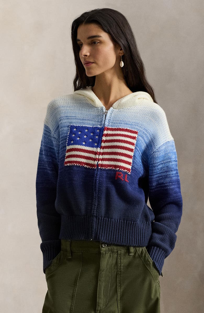 Polo Ralph Lauren Front Zip Sweater Hoodie, Alternate, color, White/ Royal Blue