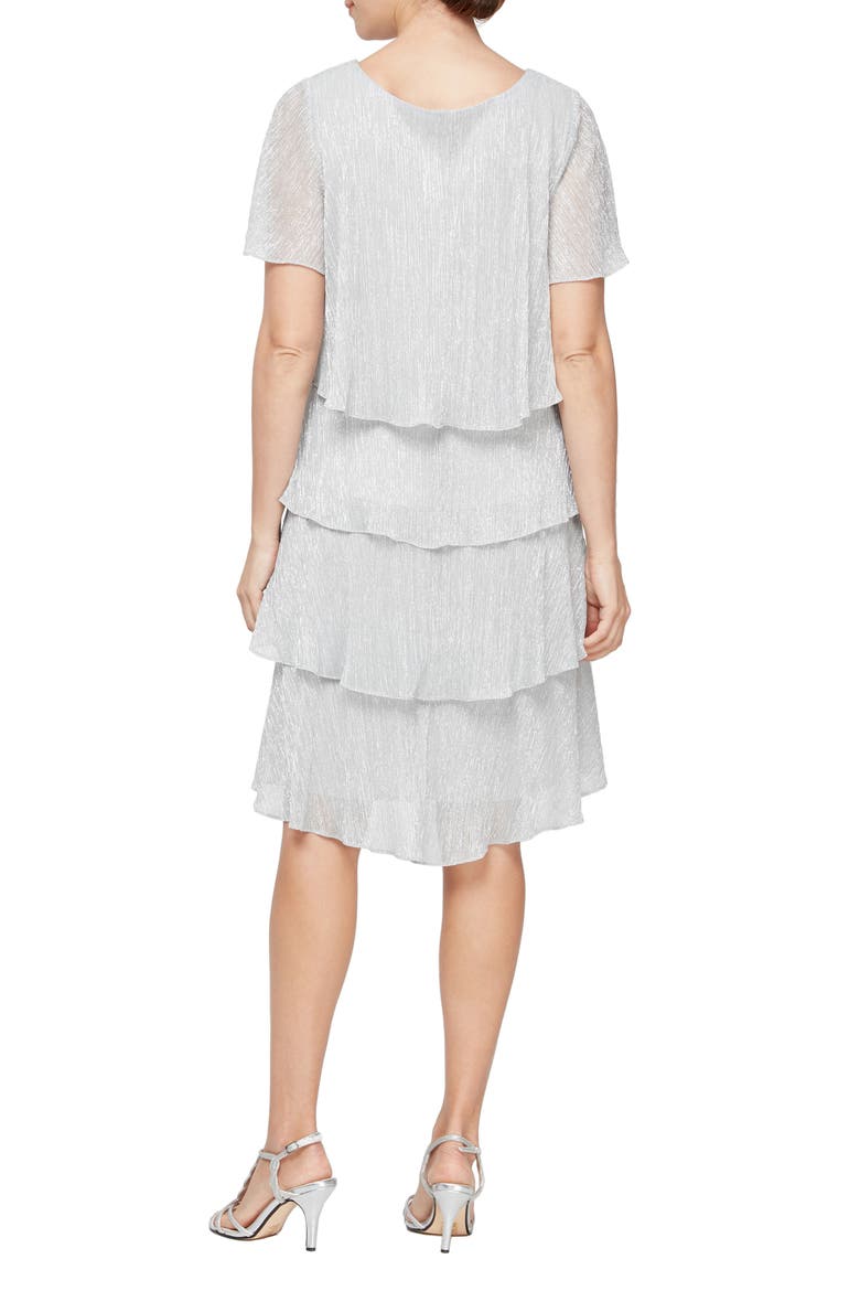 Embellished V-Neck Short Sleeve Shimmer Bodre Tier Cocktail Dress, Alternate, color, SILVER