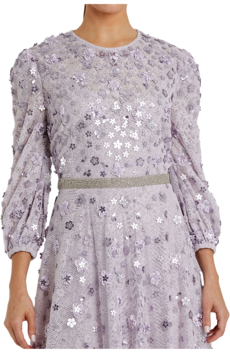 Mac Duggal Floral Appliqué A-Line Gown with Illusion Neckline & Sheer Long Sleeves, Alternate, color, Lavender