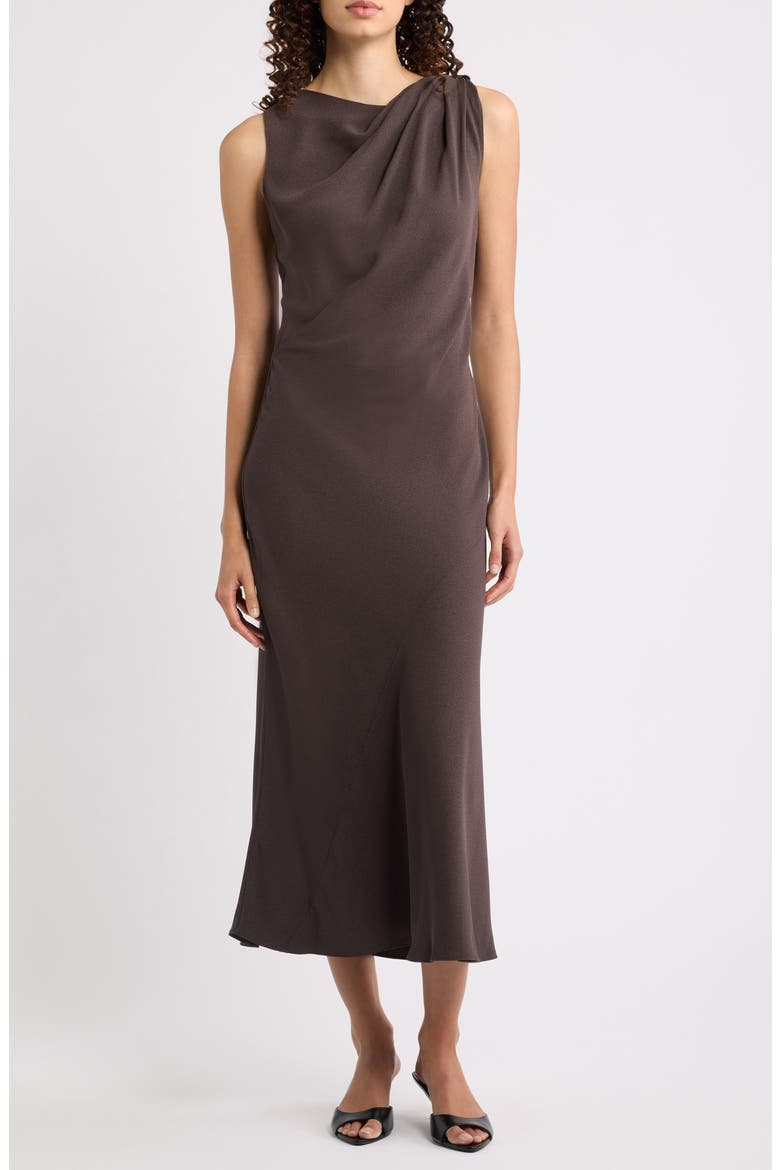 Twist Shoulder Crepe Midi Dress, Main, color, CACAO - DAJ